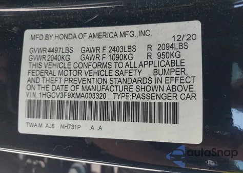 2021 Honda Accord Touring Hybrid from USA, damaged, VIN 1HGCV3F9XMA003320